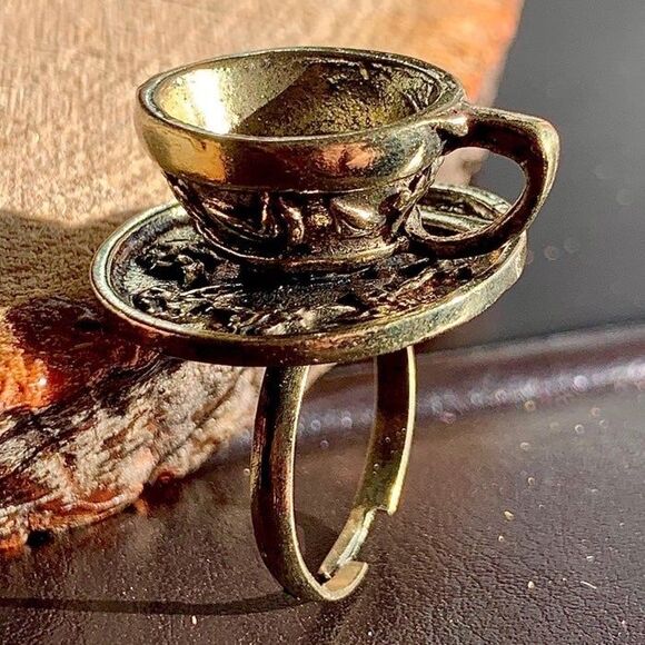 Unique Rustic Vintage Style Tea Time Coffee Cottagecore Spoon 3D Adjustable Ring - Picture 1 of 11